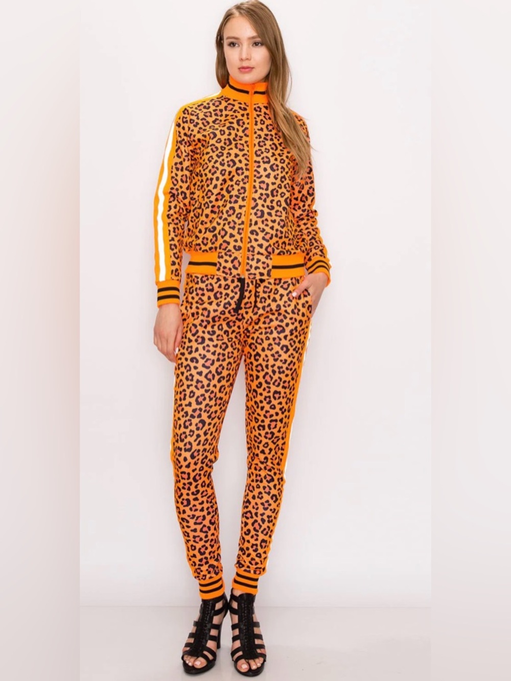 Victorious Neon Orange Leopard Print Jogger Suit, Size Small, NWOT - Picture 3 of 7